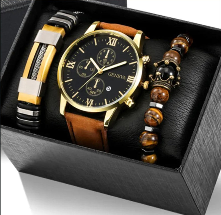 3pcs Men's Casual Analog Watch And Bracelets Set (1 Watch+2 Bracelets)