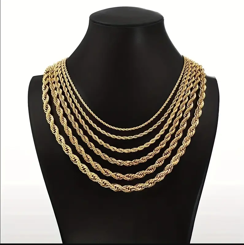 18K Gold Plated Twist Rope Chain, Stainless Steel