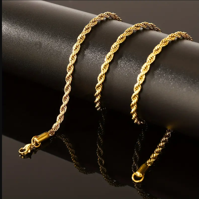 18K Gold Plated Twist Rope Chain, Stainless Steel