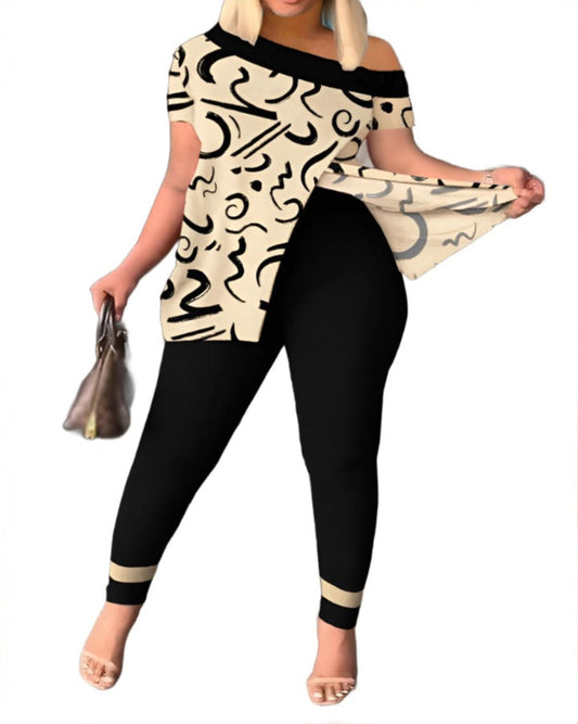 Abstract Print Split Hem Top & Pants Set