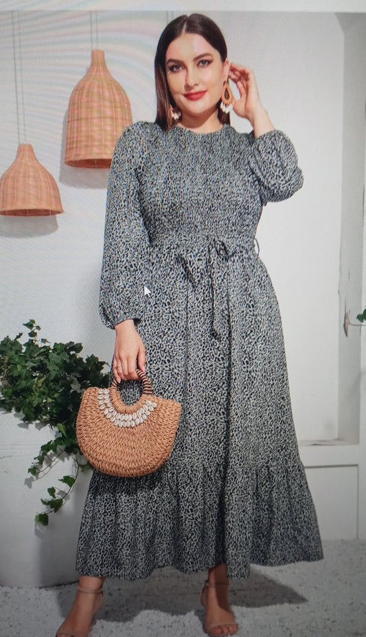 Leopard Print Lantern Sleeve Ruffle Hem Belted Dress