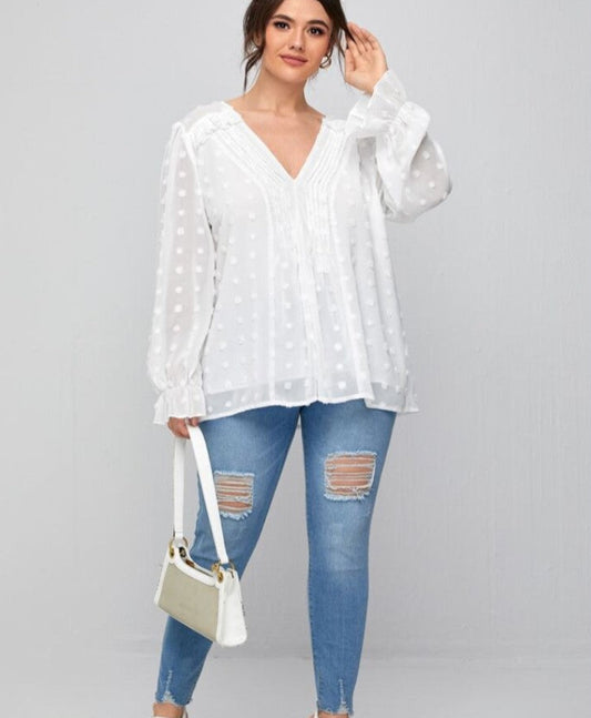 Plus Swiss Dot Plicated Flounce Sleeve Blouse