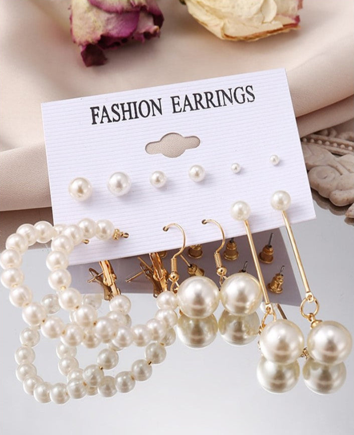6Pairs Pearls Beaded Drop Hoop Earrings Set