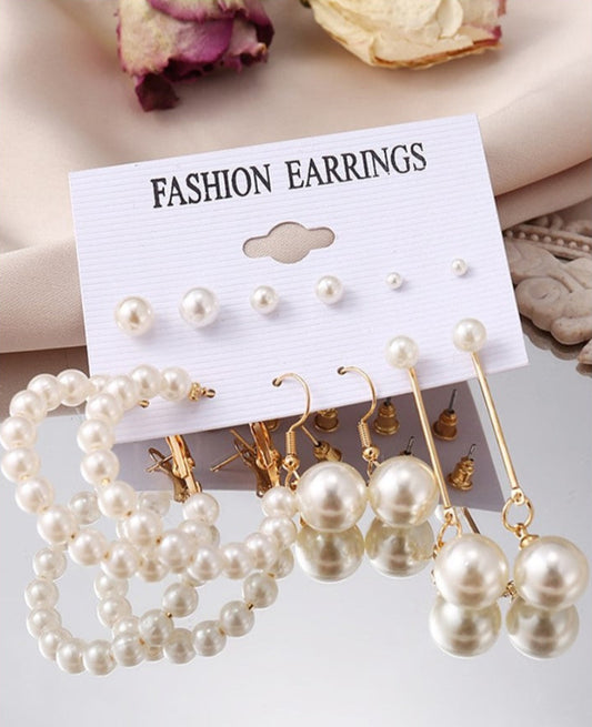 6Pairs Pearls Beaded Drop Hoop Earrings Set