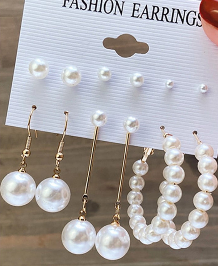 6Pairs Pearls Beaded Drop Hoop Earrings Set