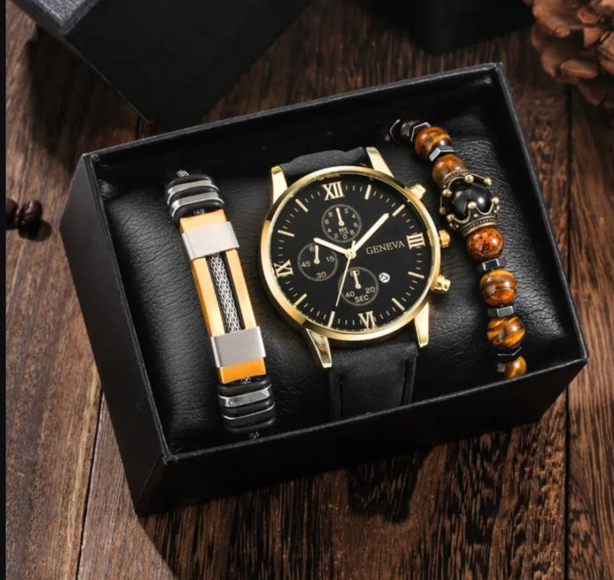 3pcs Men's Casual Analog Watch And Bracelets Set (1 Watch+2 Bracelets)