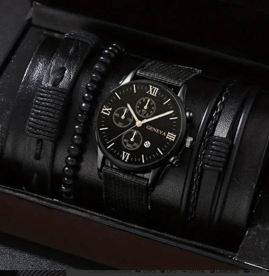 3pcs Men's Casual Analog Watch And Bracelets Set (1 Watch+2 Bracelets)