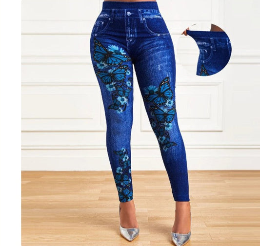 High Waist Stretch Leggings Denim Look Skinny Jeggings