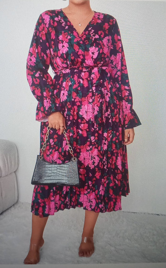 Floral Print Flounce Sleeve Belted Dress