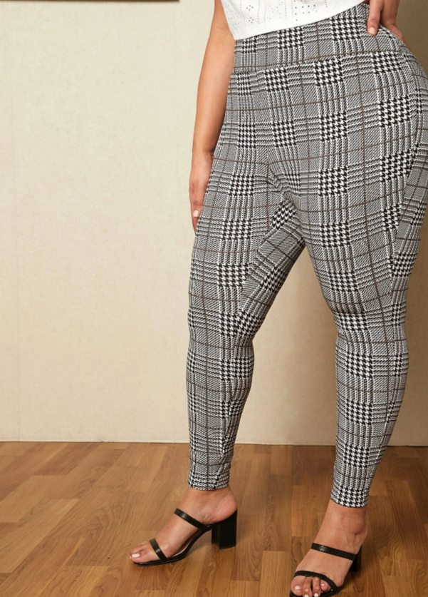 Curvy Houndstooth Print Wide Waistband Leggings