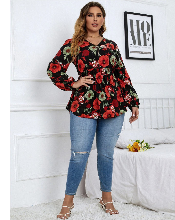 Plus Floral Print Red Sleeves