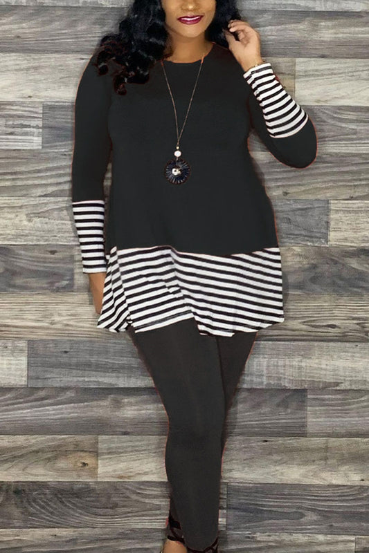 Casual Striped Split O Neck Long Sleeve Two Pieces