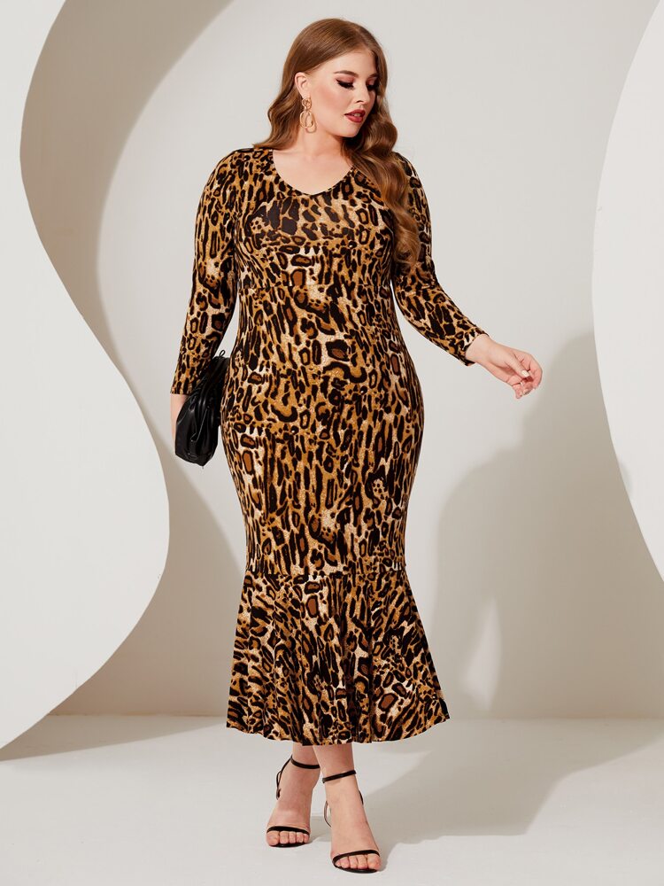 Plus Leopard Print Mermaid Hem Dress