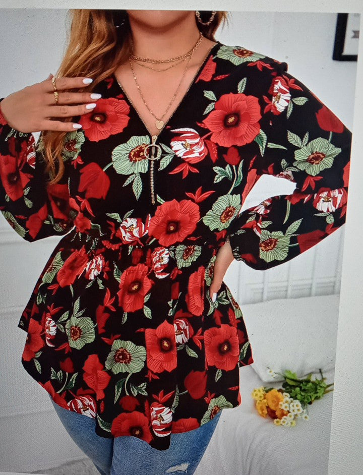 Plus Floral Print Red Sleeves