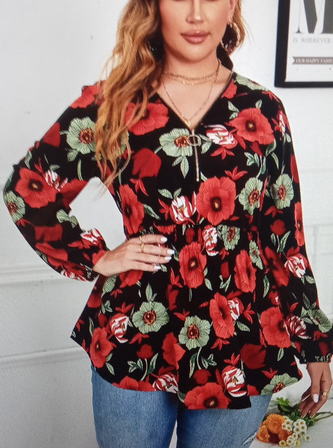 Plus Floral Print Red Sleeves