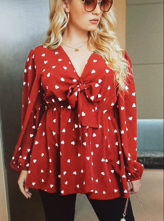 Plus Heart Print Bow Tie Blouse